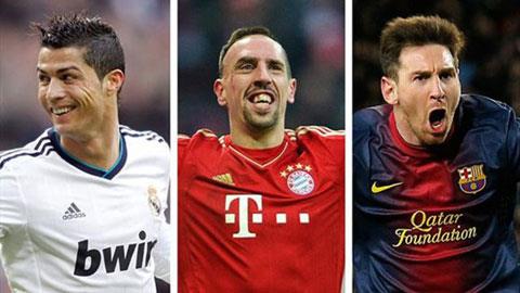 Messi, Ronaldo, Ribery tranh giải Cầu thủ XS nhất 2012/13