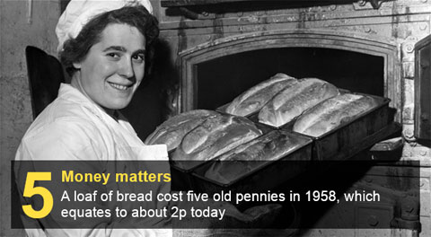 Một ổ bánh mì sản xuất năm 1958 có giá 5 penny 