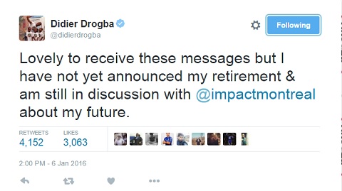 Drogba xác nhận trên Twitter rằng anh chưa giải nghệ