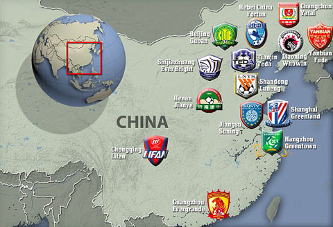 Bản đồ vị trí của các đội bóng Trung Quốc