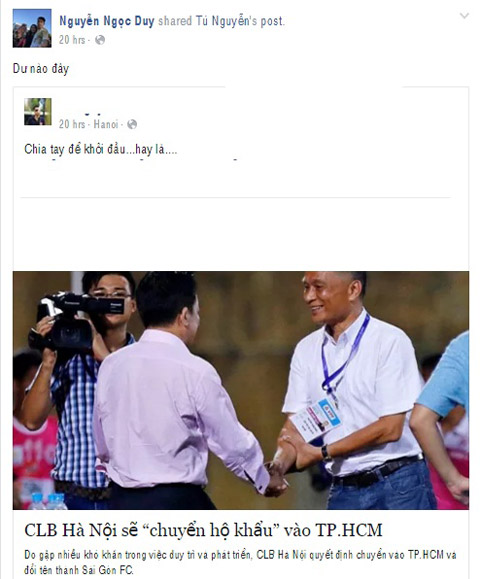 Ngọc Duy chia sẻ bài báo cùng dòng chú thích