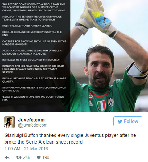 Buffon dành tặng những lời tri ân đến các đồng đội tại Juve