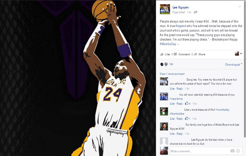 Lee Nguyễn đăng tải bức ảnh của Kobe Bryant cùng lý giải về chiếc áo số 24 trên trang cá nhân - Ảnh chụp màn hình