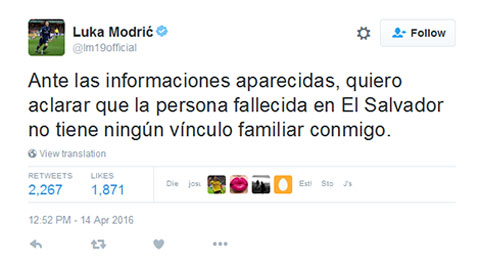 Dòng tweet phủ nhận của Modric