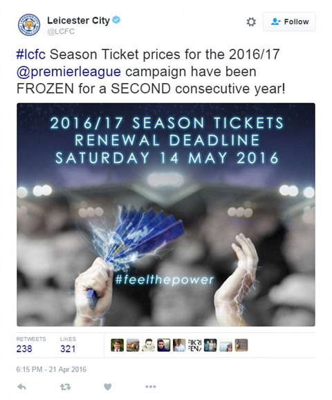 Thông tin giữ nguyên giá vé được Leicester xác nhận trên Twitter
