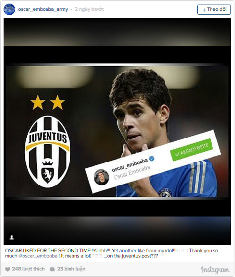 Oscar phải chăng muốn sang Juventus?