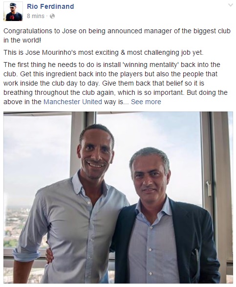 Trung vệ Rio Ferdinand chúc mừng Mourinho trên facebook cá nhân