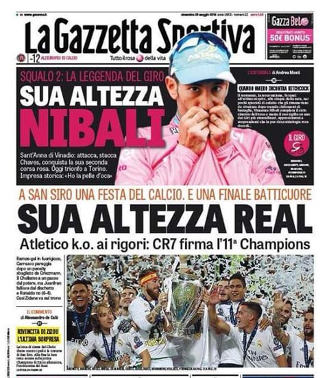 Tờ La Gazzetta dello Sport (Italia): “Một bữa tiệc bóng đá trên sân San Siro làm các trái tim phải đập thình thịch: Độ cao vĩ đại của Real”.
