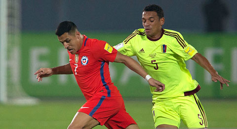 Sanchez (trái) thường được đôn lên đá tiền đạo ở ĐT Chile