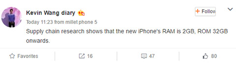 Wang chia sẻ thông tin về iPhone trên mạng xã hội Weibo