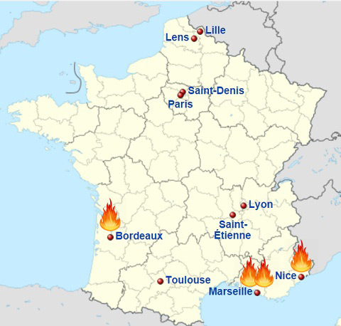 Những nơi có bạo lực tại EURO 2016 trên nước Pháp
