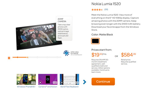 Nokia Lumia 1520 được AT&T phân phối với giá 585 USD