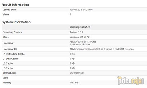 Hình ảnh được cho là bảng thông số cấu hình phần cứng của Galaxy On5 (2016)
