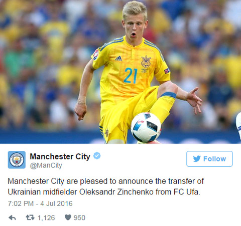 Man City xác nhận sở hữu Zinchenko