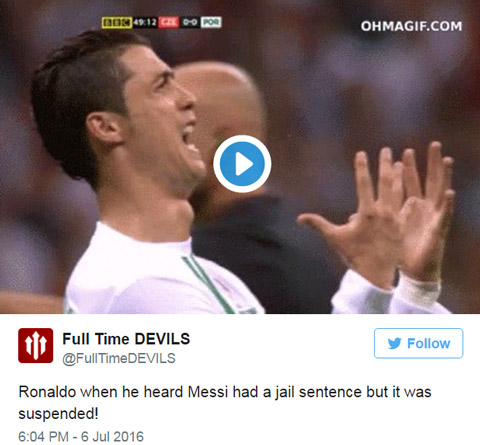 Phản ứng của Ronaldo khi biết Messi nhận án tù nhưng là tù treo
