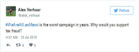 “#WeAreAllLeoMessi là chiến dịch tồi tệ nhất trong năm? Tại sao chúng tôi lại phải ủng hộ kẻ trốn thuế?” tài khoản có tên Alex Verhaar bức xúc trên mạng xã hội