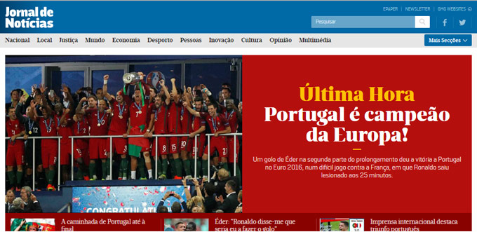Jornal de Noticias (Bồ Đào Nha): Bồ Đào Nha vô địch châu Âu
