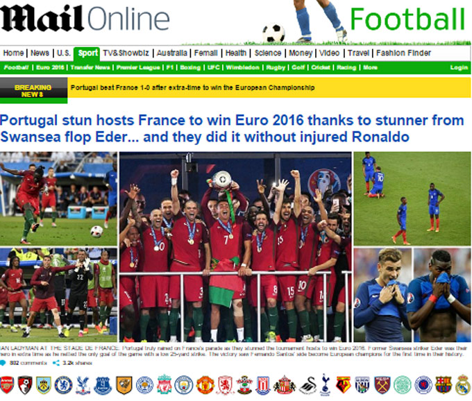 Daily Mail (Anh): Bồ Đào Nha đánh bại đội chủ nhà Pháp để bước lên ngôi vô địch EURO 2016 nhờ khoảnh khắc lóe sáng của Eder, bản hợp đồng thất bại của Swansea... và họ làm điều đó với Ronaldo dính chấn thương