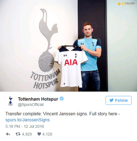 Tottenham xác nhận chiêu mộ thành công Janssen