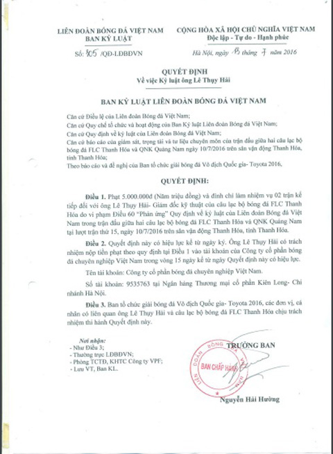 Văn bản kỷ luật GĐKT Lê Thụy Hải được phía BTC V.League công bố