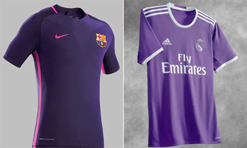 Áo sân khách mùa tới của Barca và Real cùng có màu tím
