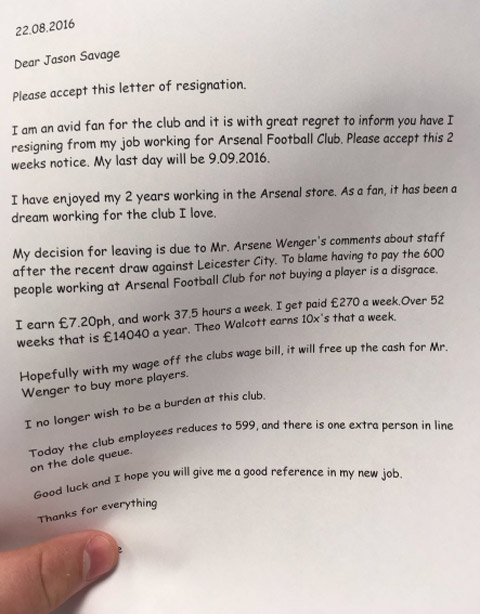Bức thư xin nghỉ việc của một nhân viên Arsenal