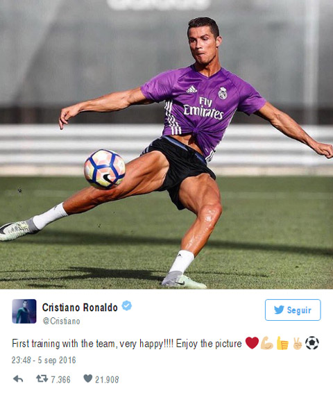 Ronaldo khoe ảnh tập luyện cùng Real trên Twitter cá nhân