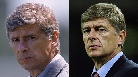 Wenger trong trận đấu giao hữu năm 2000 (trái) và sau trận thua Schalke năm 2001 (phải)