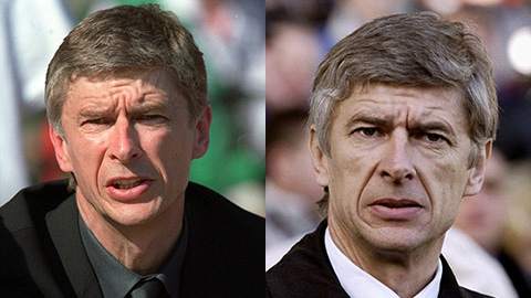 Wenger giành FA Cup năm 1998 (trái) và khoảnh khắc biết M.U giành cú ăn ba năm 1999 (phải)