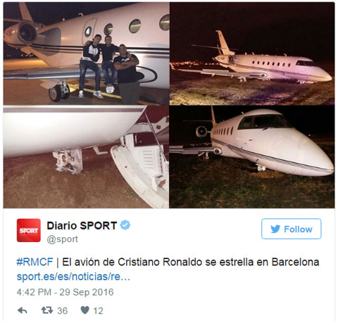 Hình ảnh chiếc may bay của Ronaldo gặp nạn được báo chí đăng tải rầm rộ