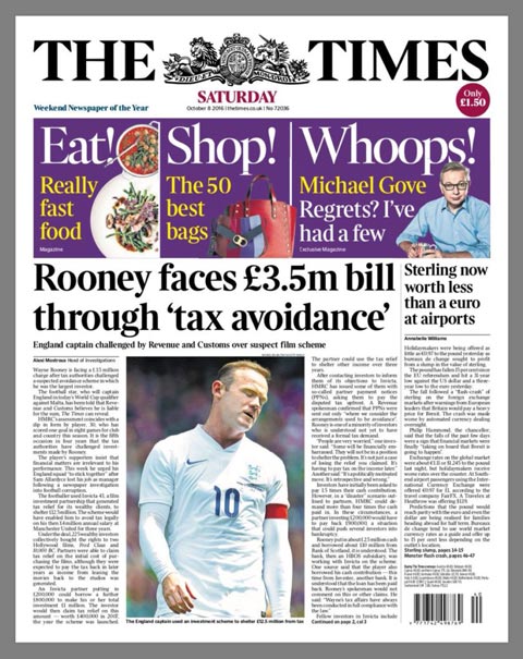 Rooney lên trang nhất tờ The Times vì nghi án trốn thuế