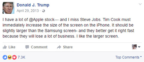 Bắt đầu từ 29/4/2013, Donald Trump liên tục viết thông điệp thúc giục Apple học hỏi Samsung trong việc giới thiệu iPhone màn hình to: 