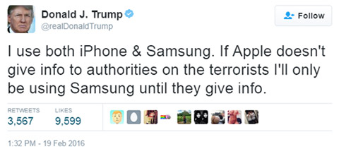 Sau khi iPhone màn hình 5,5 inch ra đời, Donald Trump dường như đã hài lòng nên không còn thúc giục Apple. Tuy nhiên, tới tháng 2/2016, ông bắt đầu bày tỏ sự giận dữ khi Apple không hợp tác với FBI trong việc mở khóa chiếc iPhone 5c của kẻ khủng bố tham gia vụ xả súng đẫm máu ở San Bernardio (Mỹ). 