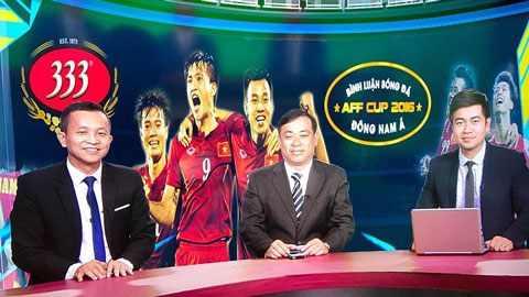 BLV Quang Tùng (giữa) và nhà báo Đức Nam (trái) tham gia chương trình Bình luận AFF Cup 2016