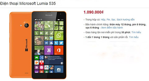 Lumia 535 giảm giá xuống chỉ còn xấp xỉ 1 triệu đồng