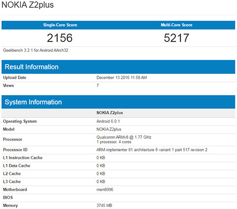 Nokia Z2 Plus rò rỉ trên hệ thống của phần mềm chấm điểm Greekbench