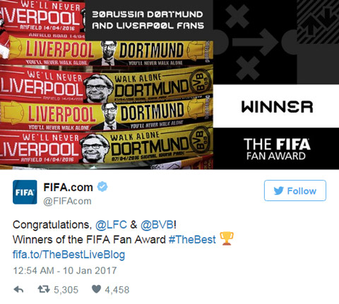 FIFA tôn vinh CĐV Liverpool và Dortmund