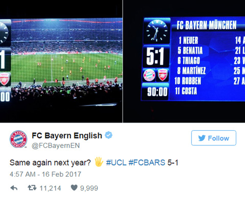 Arsenal bị Bayern châm chọc trên Twitter sau thất bại 1-5