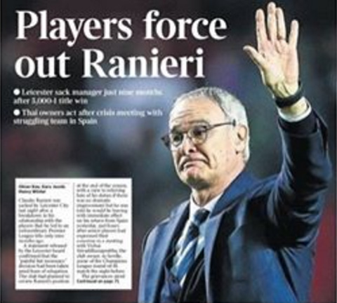 Tờ The Times cho biết Ranieri bị học trò phản bội