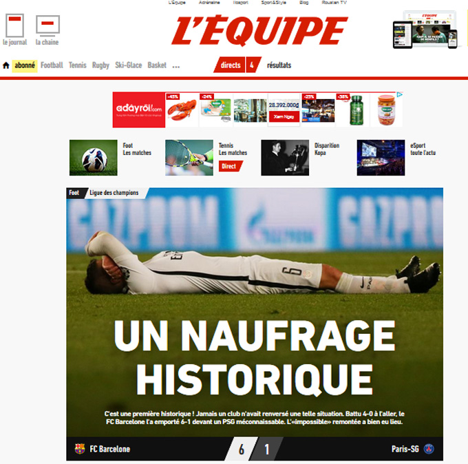 L'Equipe: Cú đắm tàu lịch sử