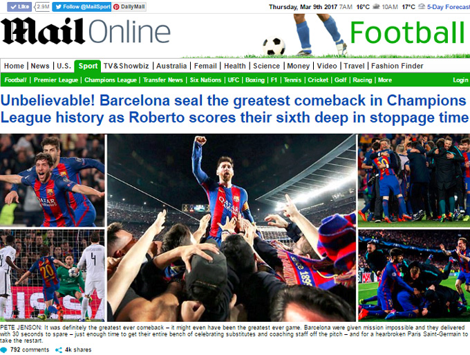 Daily Mail: Thật không thể tin nổi! Barca thực hiện cú lội ngược dòng ngoạn mục nhất trong lịch sử Champions League với bàn thắng thứ 6 của Sergi Roberto trong thời gian bù giờ