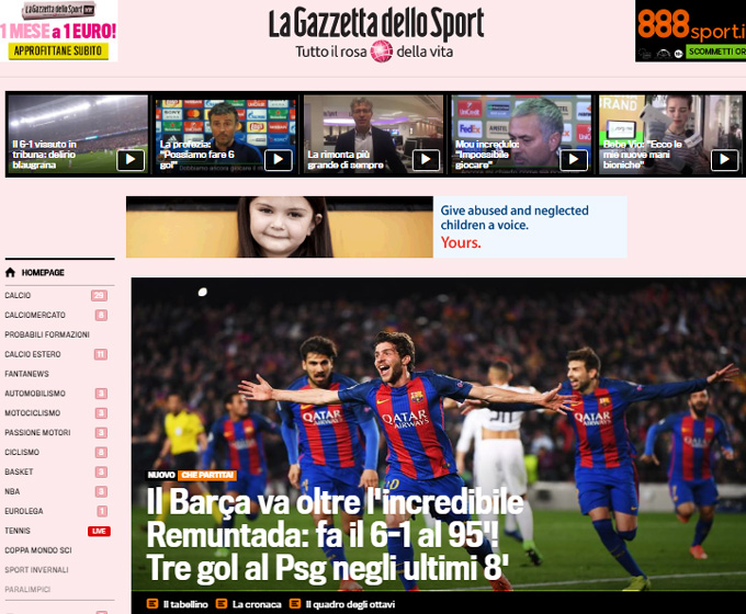 La Gazzetta dello Sport: Barca thực hiện cú lội ngược dòng khó tin. 6-1 chung cuộc với 3 bàn thắng trong vòng 8 phút