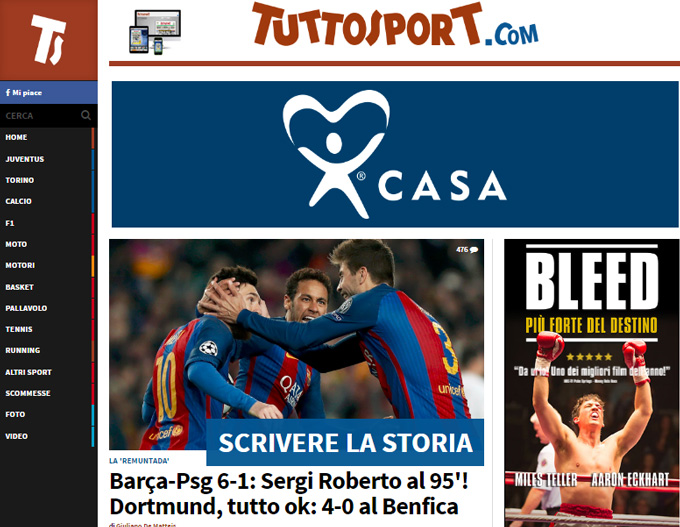 Tuttosport: Barca-PSG 6-1: Sergi Roberto ghi bàn phút 95