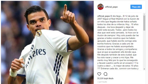 Pepe viết tâm thư chia tay Real trên trang cá nhân