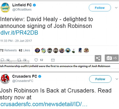 Cả Linfield và Crusaders đều thông báo đã ký hợp đồng với Robinson