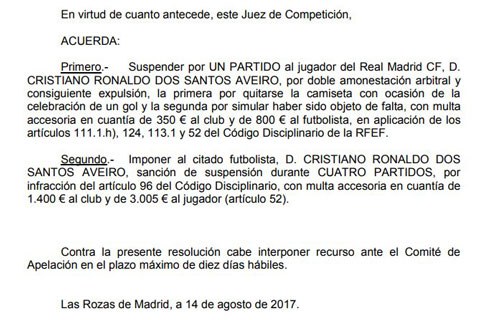 Biên bản phạt bằng tiếng Tây Ban Nha từ LĐBĐ Tây Ban Nha