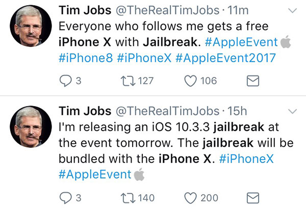 Mẩu tin quảng cáo jailbreak iPhone X trên twitter