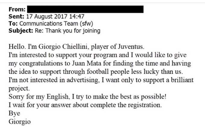 Một phần email Chiellini gửi cho Mata xin gia nhập tổ chức từ thiện