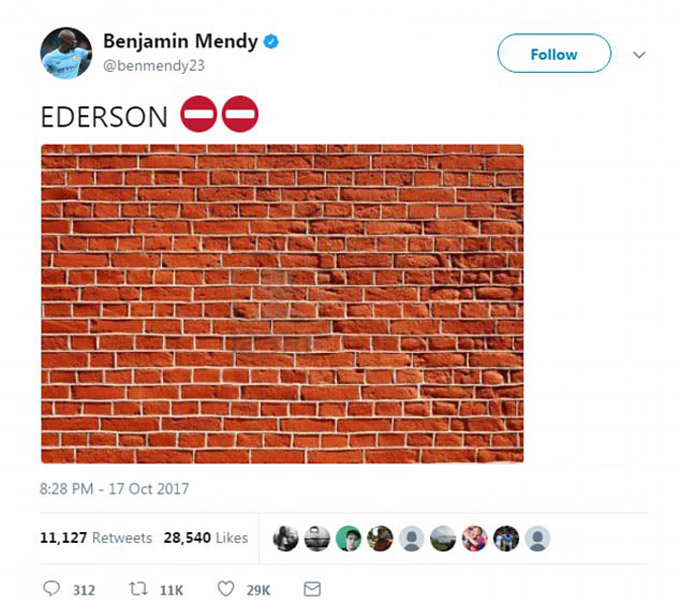 Dòng tweet đơn giản của Mendy tôn vinh người đồng đội Ederson