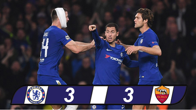 Hazard lập cú đúp, Chelsea hòa Roma trong cơn mưa bàn thắng